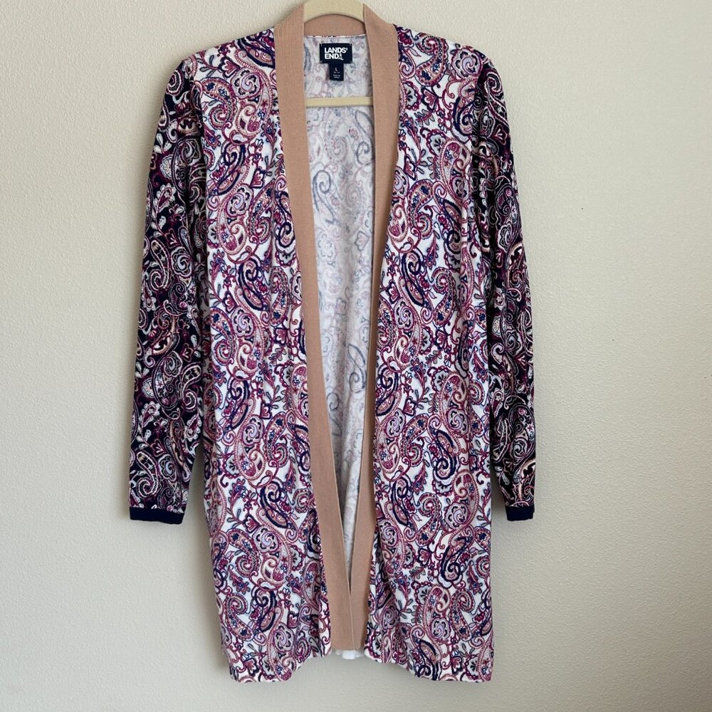 Lands End Women Cardigan Sz L Paisley Multicolor Whimsical Open Front Long